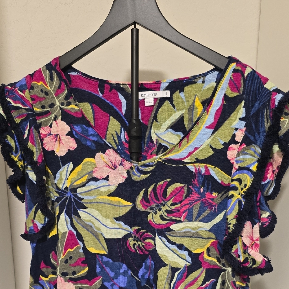Chico's Vibrant Floral Ruffle Blouse - Navy and Pink